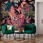 Papel de parede Padrão floral colorido com pássaros e borboletas