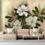 Papel de parede Flores elegantes com folhas verdes exuberantes