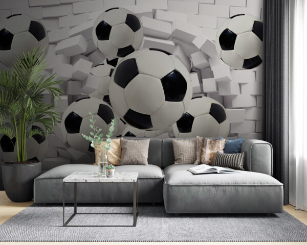 Bolas de futebol a atravessar a parede Papel de parede Bolas de futebol a atravessar a parede