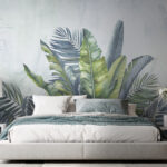 Papel de parede Folhas tropicais com fundo desbotado.