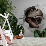 Papel de parede O dinossauro surge através da parede rachada.