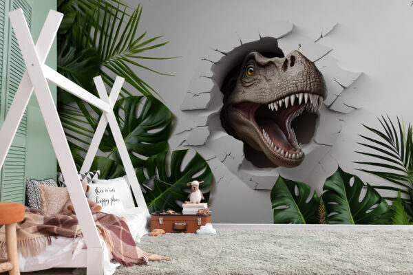O dinossauro surge através da parede rachada Papel de parede O dinossauro surge através da parede rachada