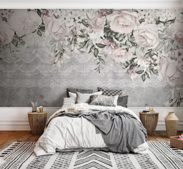 Desenho vintage de rendas florais e rosas Papel de parede Desenho vintage de rendas florais e rosas