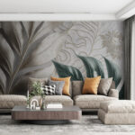 Papel de parede Folhas tropicais com desenhos complexos.