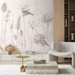 Papel de parede Aves entre flores silvestres em harmonia.