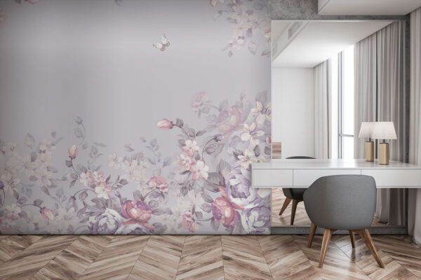 Padrão floral com borboletas Papel de parede Padrão floral com borboletas