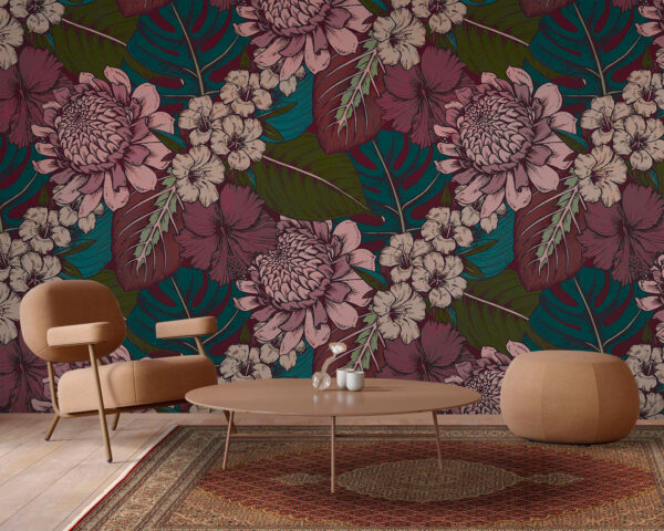 Padrão de flores e folhas Papel de parede Padrão de flores e folhas