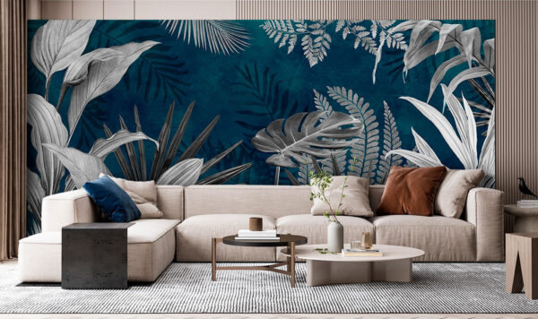 Folhas tropicais num fundo azul-petróleo Papel de parede Folhas tropicais num fundo azul-petróleo