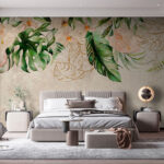 Papel de parede Pintura de flores e folhas