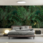 Papel de parede Folhas exuberantes da selva com borboletas.