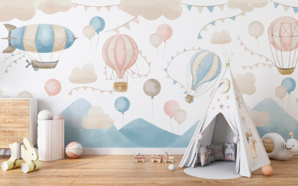 Balão de ar quente cor-de-rosa e branco Papel de parede Balão de ar quente cor-de-rosa e branco