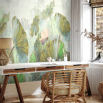 Papel de parede Pintura de folhas e flores de lótus.