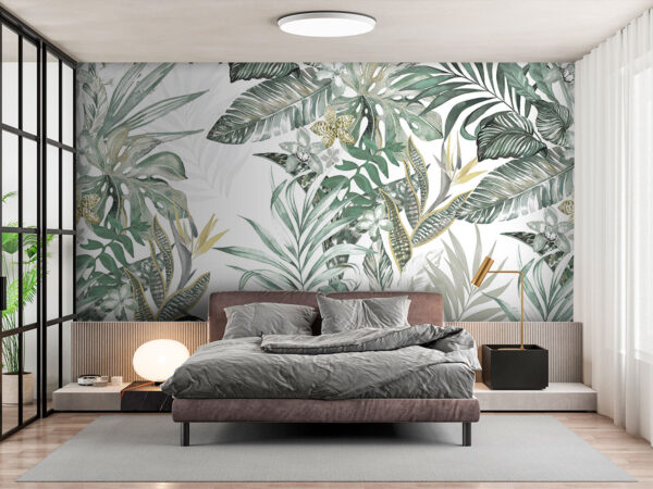 Papel de parede Papel de parede Folhas tropicais com flores delicadas. (REF: u94199)