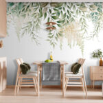 Papel de parede Folhas e flores elegantes em cascata.