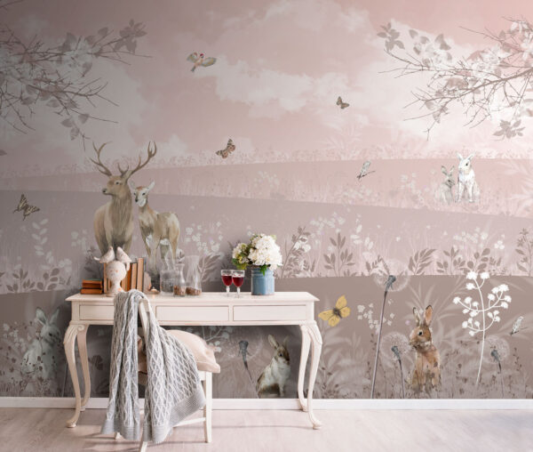 Papel de parede Veados e coelhos numa paisagem serena (REF: u94165) Papel de parede Papel de parede Veados e coelhos numa paisagem serena (REF: u94165)