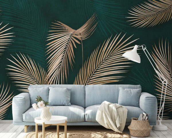 Elegantes folhas de palmeira sobre fundo azul-petróleo Papel de parede Elegantes folhas de palmeira sobre fundo azul-petróleo