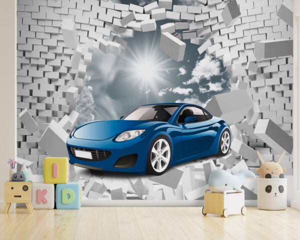 O carro azul rebenta com uma parede de tijolo Papel de parede O carro azul rebenta com uma parede de tijolo