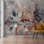 Papel de parede Arte floral abstrata com folhas em redemoinho.