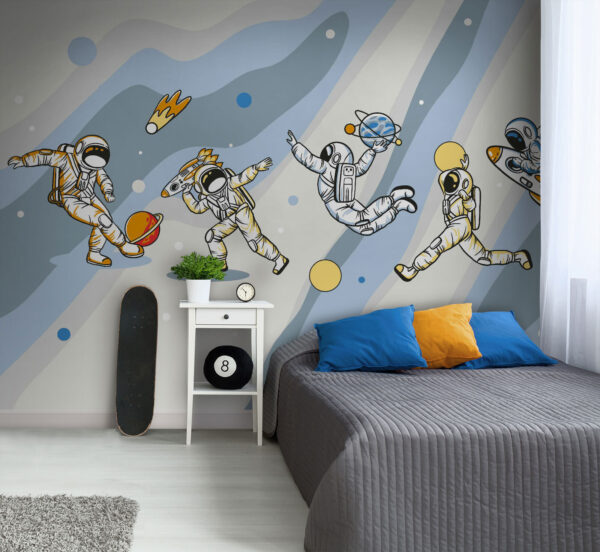 Desenho animado de um astronauta com um foguetão na cabeça Papel de parede Desenho animado de um astronauta com um foguetão na cabeça