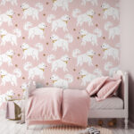 Papel de parede Cães e estrelas brancos sobre cor-de-rosa