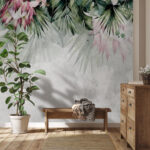 Papel de parede Desenho de folhas e flores tropicais.