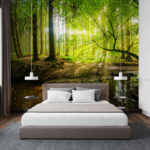 Papel de parede Floresta com árvores e sol a brilhar através das árvores