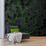 Papel de parede Hexágonos pretos com luz verde