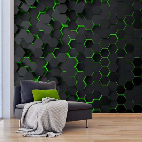 Papel de parede Papel de parede Hexágonos pretos com luz verde (REF: u93618v1)