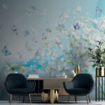 Papel de parede Flores brancas com borboletas a voar