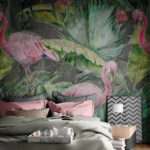 Papel de parede Flamingo cor-de-rosa e folhas verdes