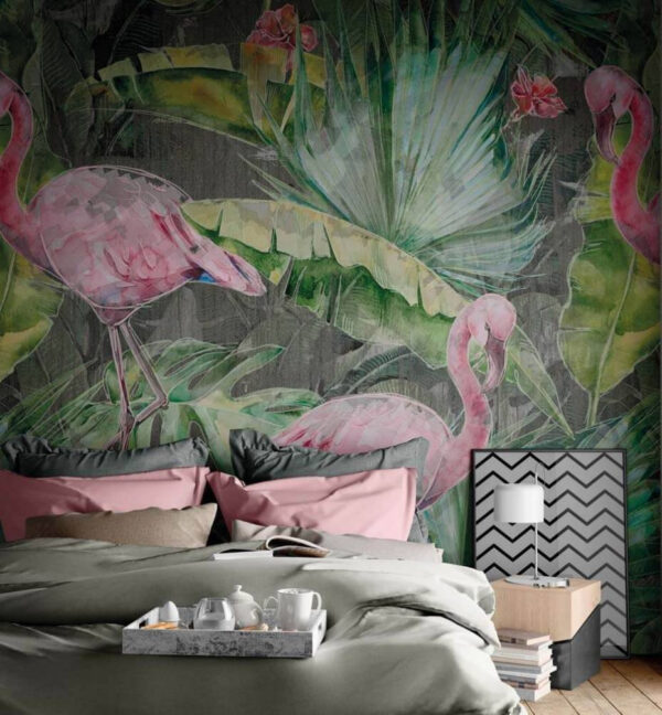Flamingo cor-de-rosa e folhas verdes Papel de parede Flamingo cor-de-rosa e folhas verdes