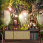 Papel de parede Casa da árvore encantada numa floresta mágica.
