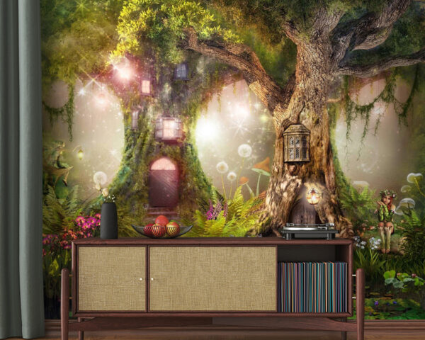 Casa da árvore encantada numa floresta mágica Papel de parede Casa da árvore encantada numa floresta mágica