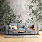 Papel de parede Floresta enevoada com folhagem verde.