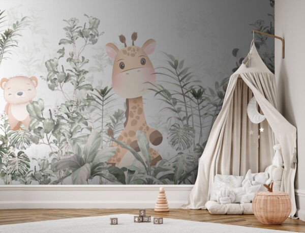 Girafa e panda numa selva Papel de parede Girafa e panda numa selva