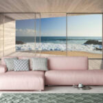 Papel de parede Vista para o mar a partir de um quarto moderno.