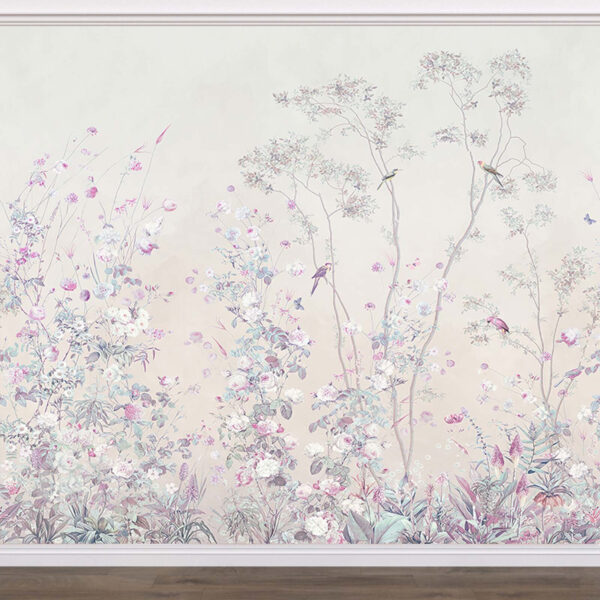 Flores em tons pastel e pássaros em harmonia Papel de parede Flores em tons pastel e pássaros em harmonia
