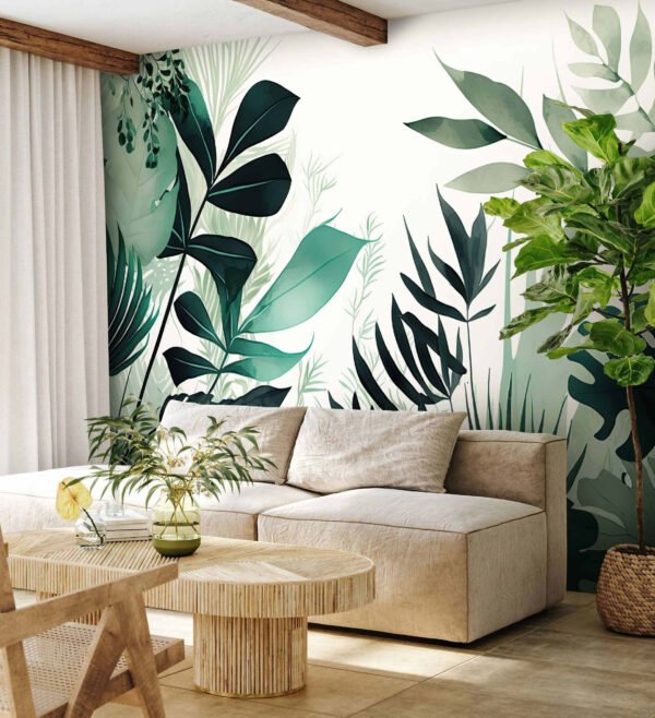 Folhas verdes exuberantes num fundo branco Papel de parede Folhas verdes exuberantes num fundo branco