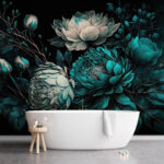 Papel de parede Flores vibrantes desabrocham em tons de azul-petróleo.