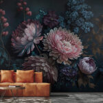 Papel de parede Arranjo floral vibrante em tons escuros.