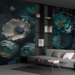 Papel de parede Elegância floral em tons suaves de azul-petróleo.