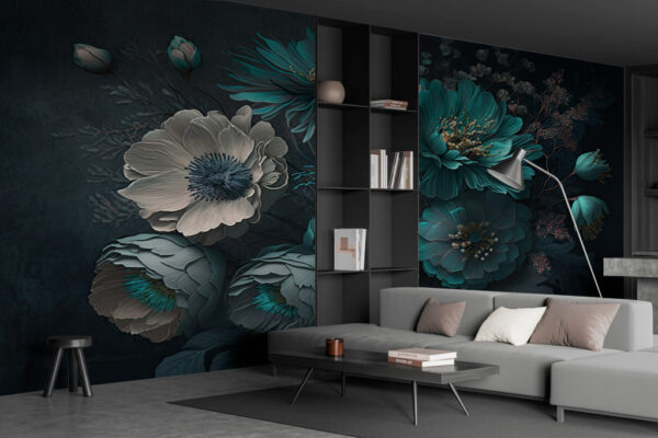 Elegância floral em tons suaves de azul-petróleo Papel de parede Elegância floral em tons suaves de azul-petróleo