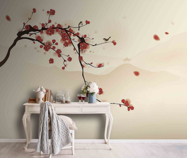Flores vermelhas com vista para uma paisagem distante Papel de parede Flores vermelhas com vista para uma paisagem distante