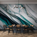 Papel de parede Camadas fluidas em turquesa e branco.