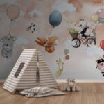 Papel de parede Animais dos desenhos animados a voar com balões
