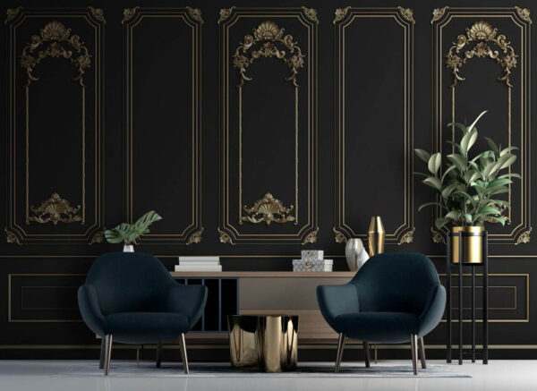 Painéis pretos elegantes com acabamentos ornamentados Papel de parede Painéis pretos elegantes com acabamentos ornamentados