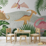 Papel de parede Grupo de dinossauros com folhas