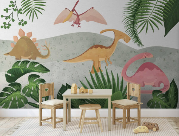 Grupo de dinossauros com folhas Papel de parede Grupo de dinossauros com folhas