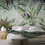 Papel de parede Folhagem tropical com flor roxa.