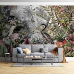 Papel de parede Paraíso tropical com vida selvagem exótica.